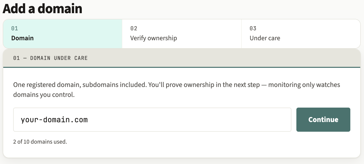 The wizard's first step: a field to enter the domain name to monitor.