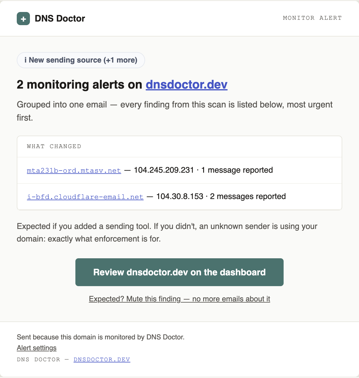 An example DNS Doctor alert email reporting a new sending source on a monitored domain, with the sending host and IP.