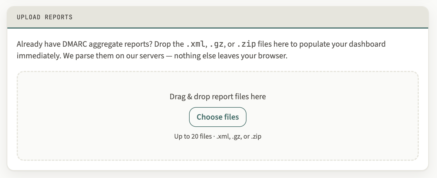 The backfill upload control on the reporting step, where existing DMARC report files can be dropped in.