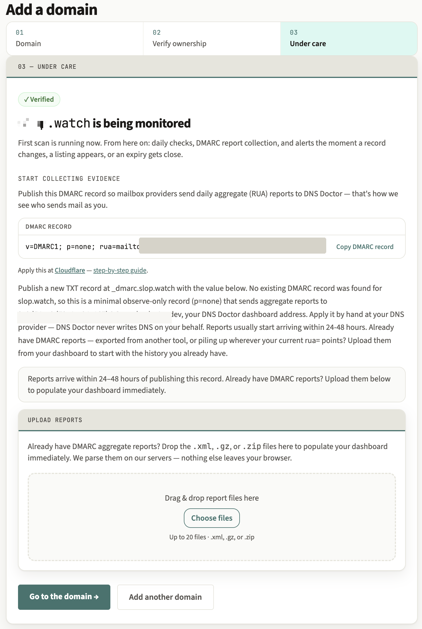 The reporting step showing the DMARC record to publish, with a copy button and setup instructions.