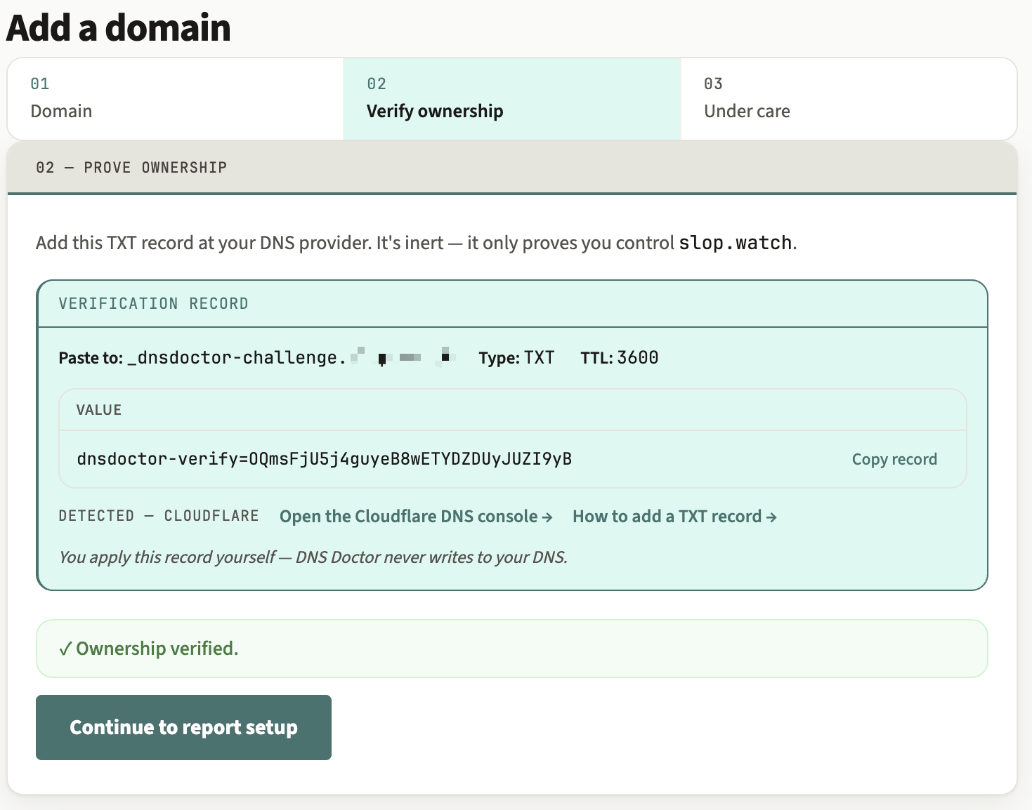 The ownership step in its verified state, showing a green confirmation that the domain is verified.